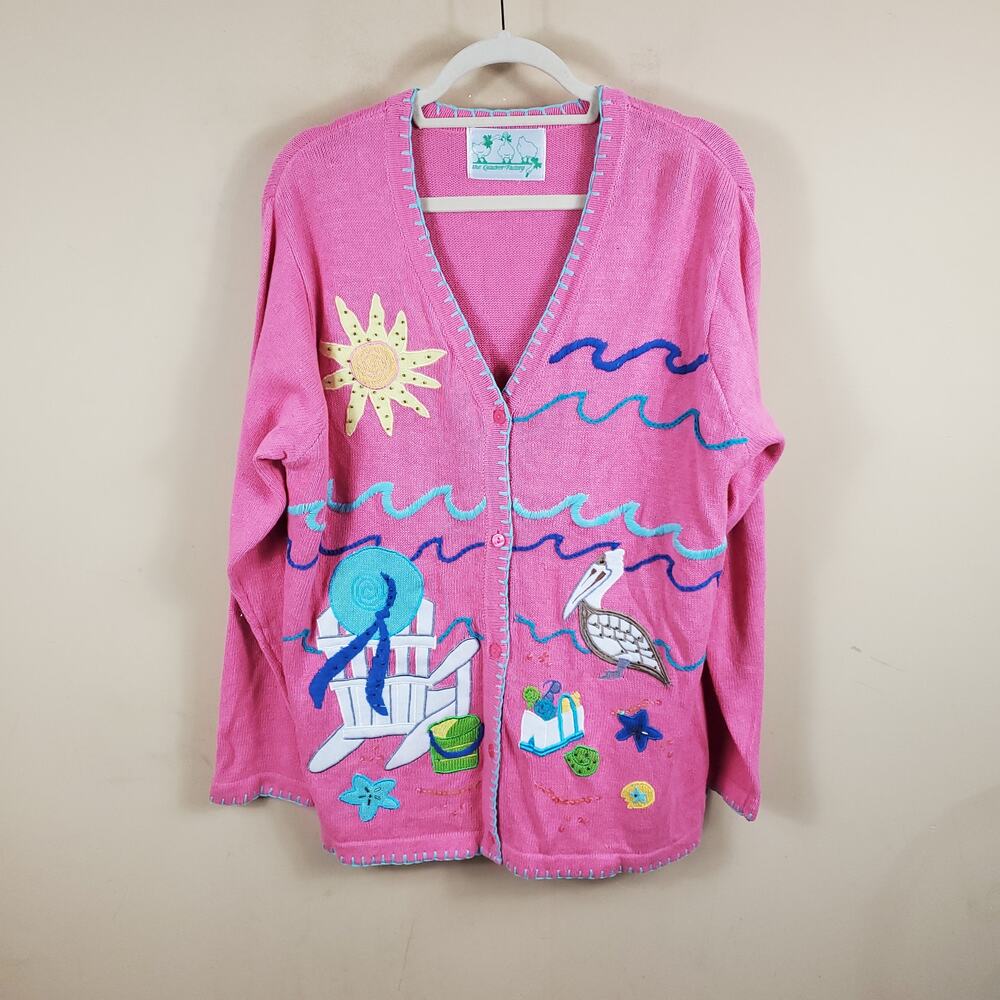 Quacker Factory Pink Long Sleeve Cardigan with Pelican Beach Scene Size L/XL